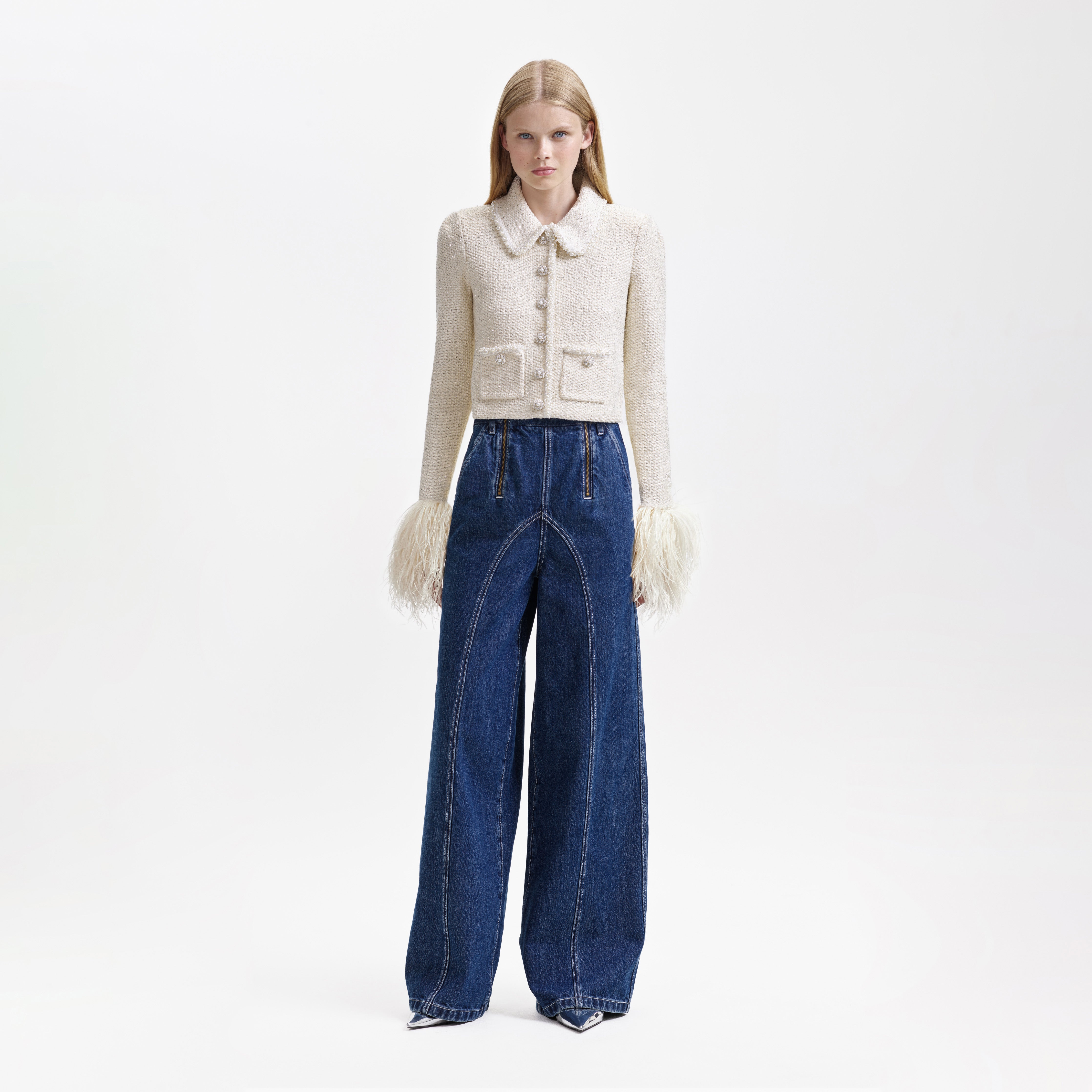 Cream Sequin Pearl Cropped Feather Cardigan