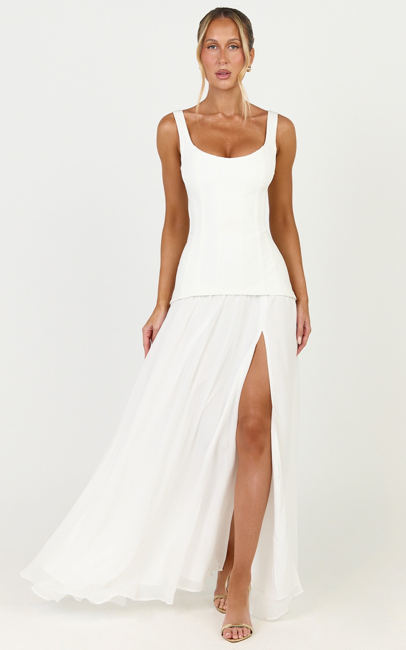 Coco Maxi Dress - Corset Bodice Fit And Flare Dress in White