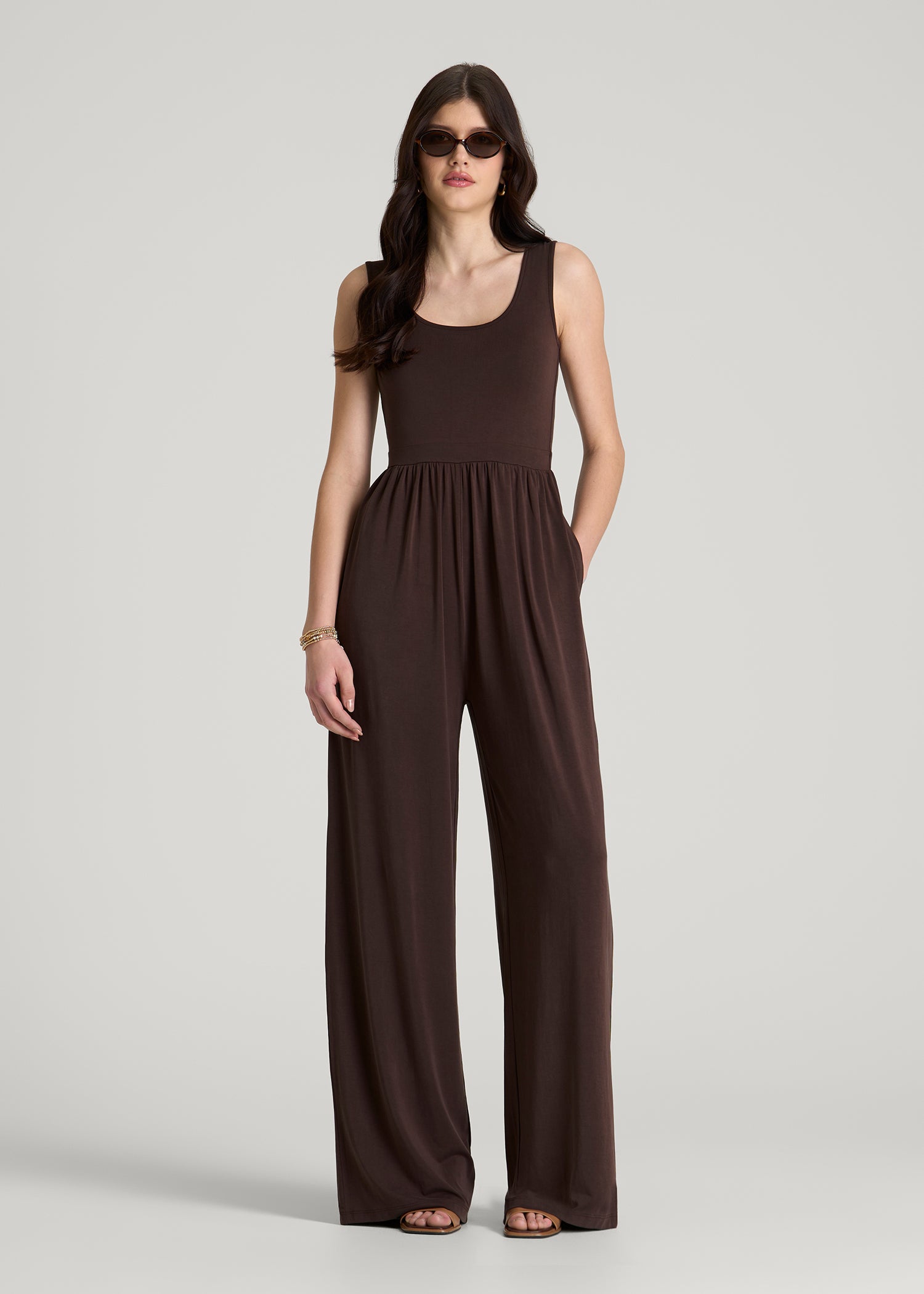 Jersey Tank Wide-Leg Jumpsuit with Pockets for Tall Women in Espresso